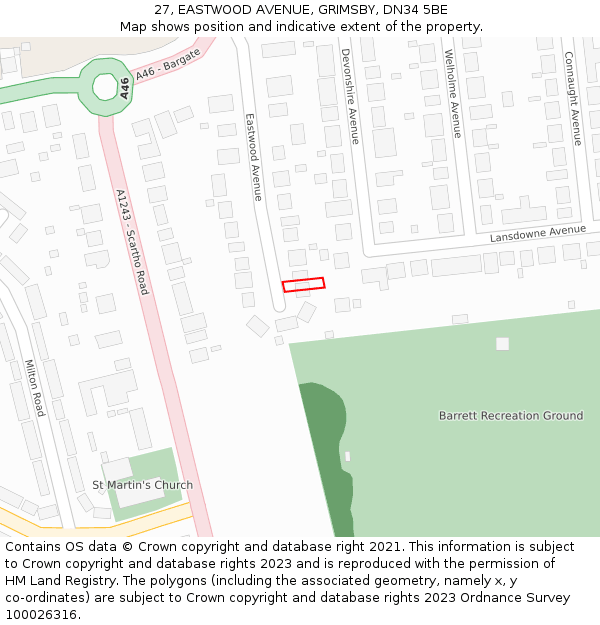 27, EASTWOOD AVENUE, GRIMSBY, DN34 5BE: Location map and indicative extent of plot