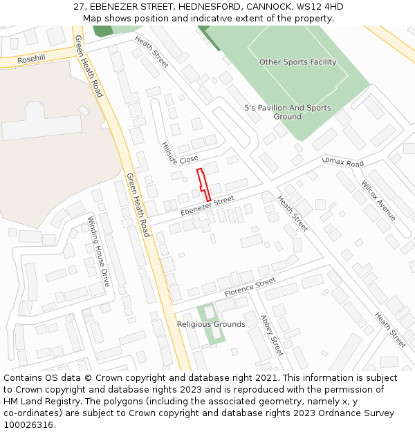 27, EBENEZER STREET, HEDNESFORD, CANNOCK, WS12 4HD: Location map and indicative extent of plot