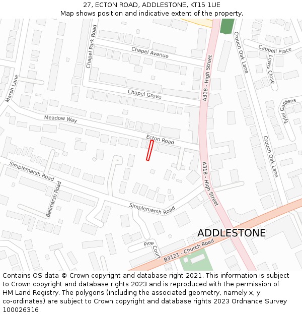 27, ECTON ROAD, ADDLESTONE, KT15 1UE: Location map and indicative extent of plot