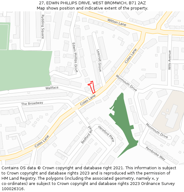 27, EDWIN PHILLIPS DRIVE, WEST BROMWICH, B71 2AZ: Location map and indicative extent of plot