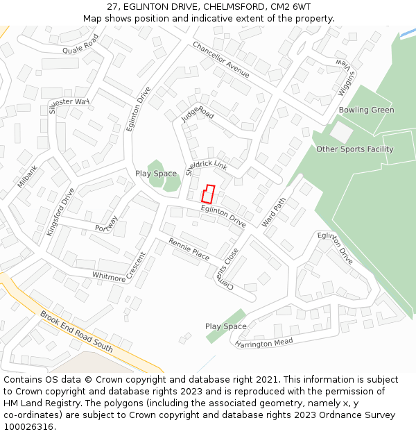 27, EGLINTON DRIVE, CHELMSFORD, CM2 6WT: Location map and indicative extent of plot