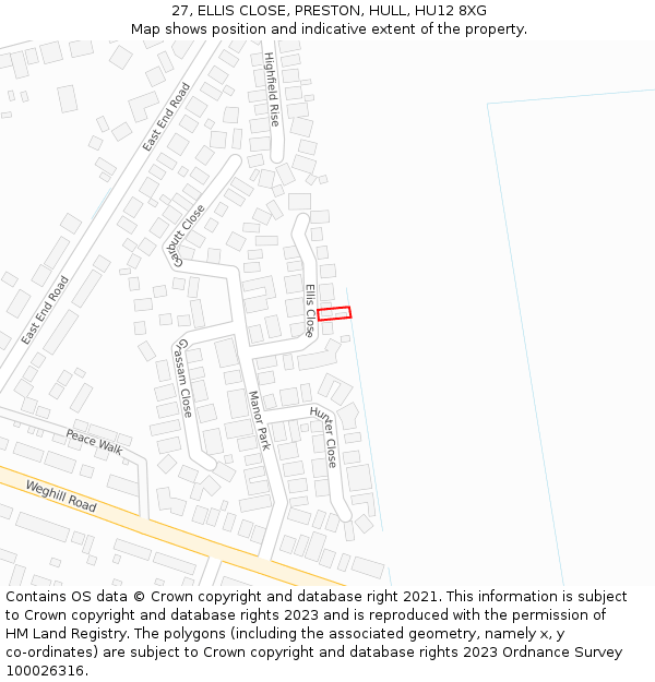 27, ELLIS CLOSE, PRESTON, HULL, HU12 8XG: Location map and indicative extent of plot