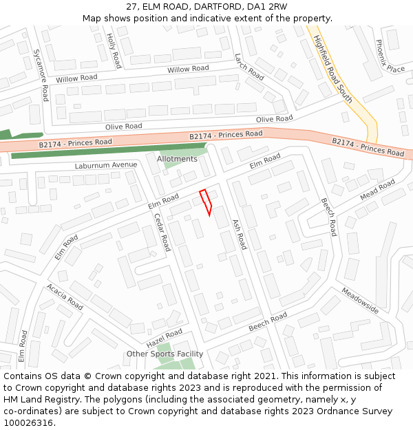 27, ELM ROAD, DARTFORD, DA1 2RW: Location map and indicative extent of plot