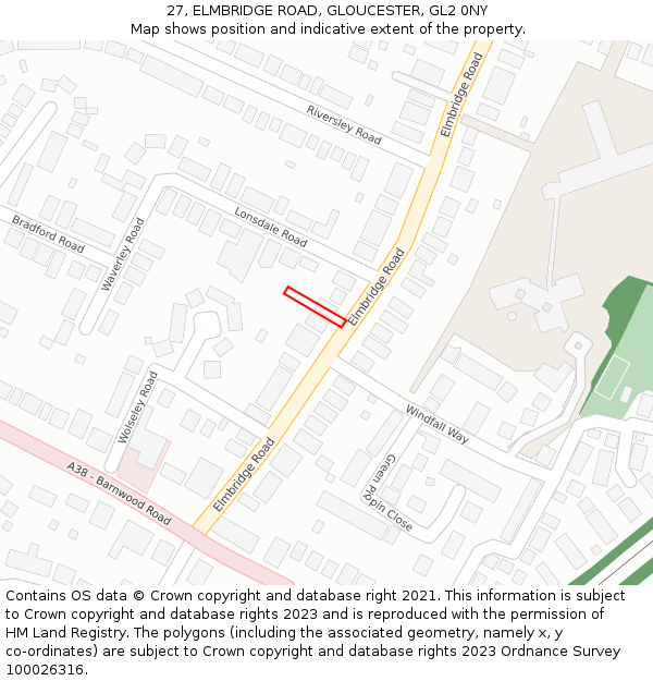 27, ELMBRIDGE ROAD, GLOUCESTER, GL2 0NY: Location map and indicative extent of plot