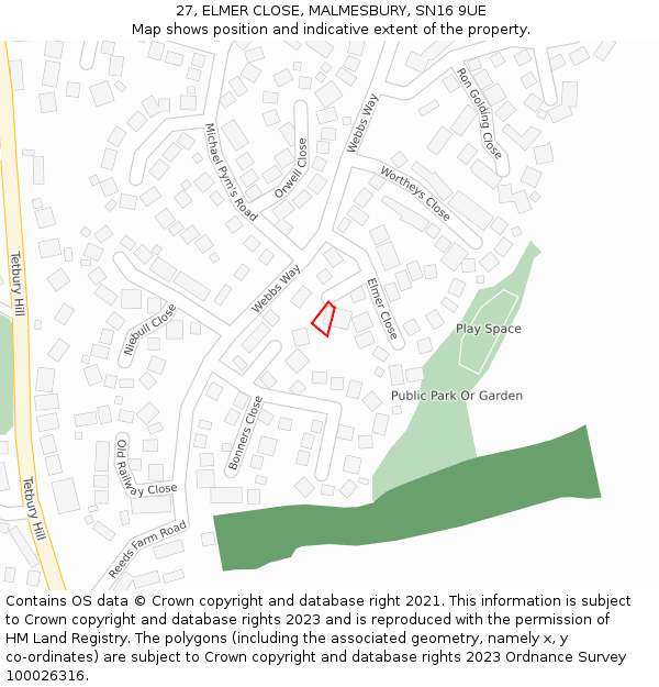 27, ELMER CLOSE, MALMESBURY, SN16 9UE: Location map and indicative extent of plot