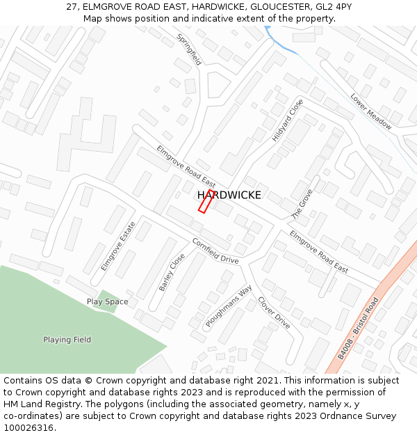 27, ELMGROVE ROAD EAST, HARDWICKE, GLOUCESTER, GL2 4PY: Location map and indicative extent of plot