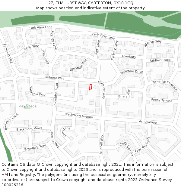 27, ELMHURST WAY, CARTERTON, OX18 1GQ: Location map and indicative extent of plot