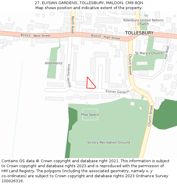 27, ELYSIAN GARDENS, TOLLESBURY, MALDON, CM9 8QN: Location map and indicative extent of plot