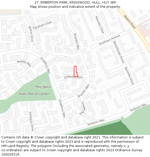 27, EMBERTON PARK, KINGSWOOD, HULL, HU7 3EP: Location map and indicative extent of plot