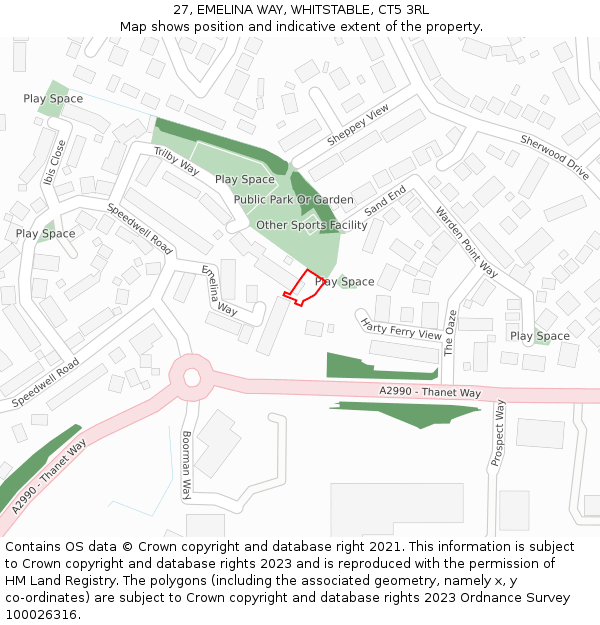 27, EMELINA WAY, WHITSTABLE, CT5 3RL: Location map and indicative extent of plot