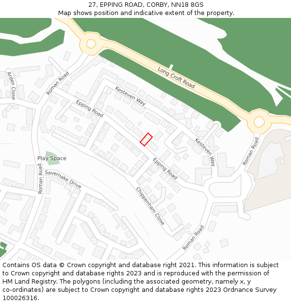 27, EPPING ROAD, CORBY, NN18 8GS: Location map and indicative extent of plot