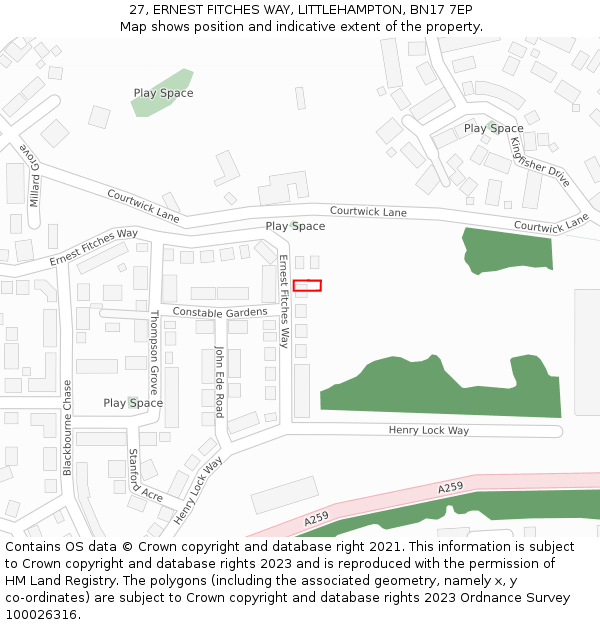 27, ERNEST FITCHES WAY, LITTLEHAMPTON, BN17 7EP: Location map and indicative extent of plot