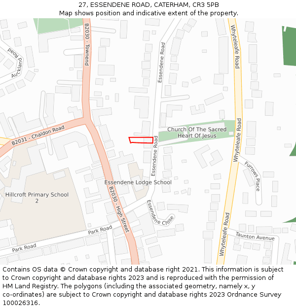 27, ESSENDENE ROAD, CATERHAM, CR3 5PB: Location map and indicative extent of plot