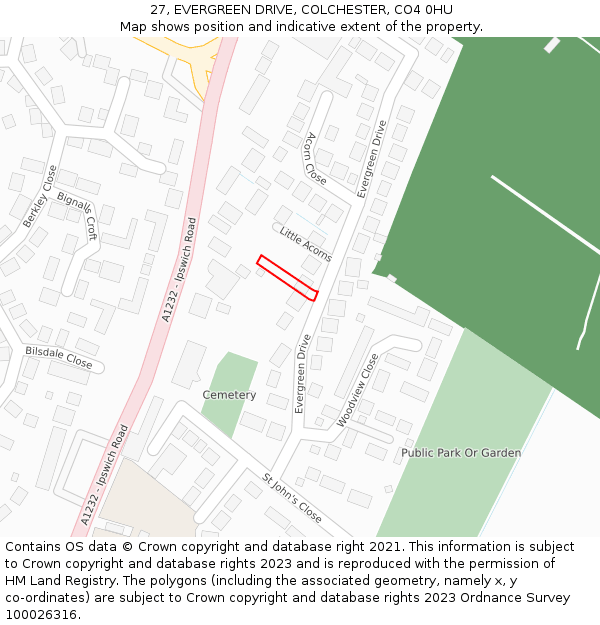 27, EVERGREEN DRIVE, COLCHESTER, CO4 0HU: Location map and indicative extent of plot