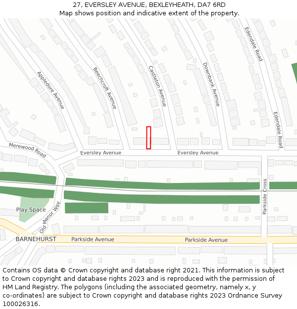 27, EVERSLEY AVENUE, BEXLEYHEATH, DA7 6RD: Location map and indicative extent of plot