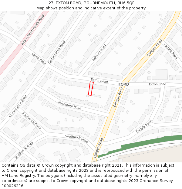 27, EXTON ROAD, BOURNEMOUTH, BH6 5QF: Location map and indicative extent of plot