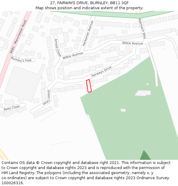 27, FAIRWAYS DRIVE, BURNLEY, BB11 3QF: Location map and indicative extent of plot