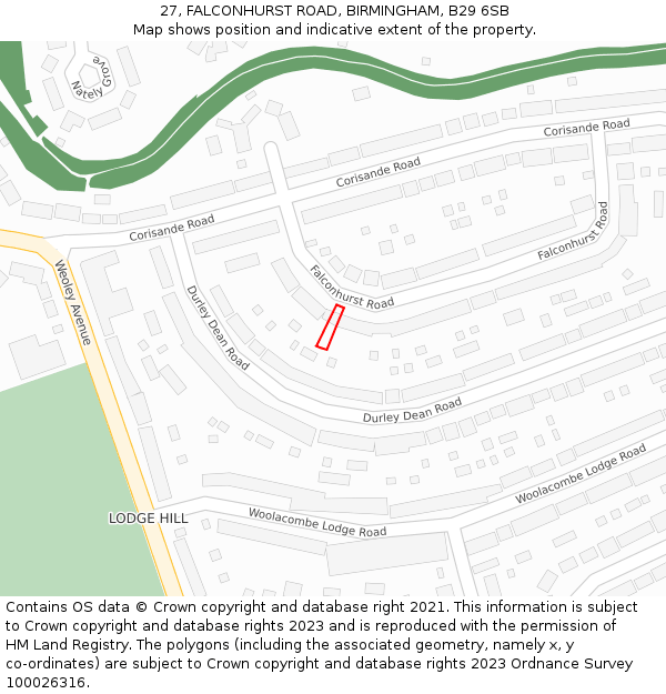 27, FALCONHURST ROAD, BIRMINGHAM, B29 6SB: Location map and indicative extent of plot