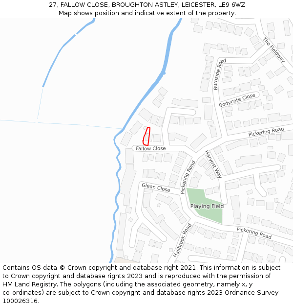 27, FALLOW CLOSE, BROUGHTON ASTLEY, LEICESTER, LE9 6WZ: Location map and indicative extent of plot