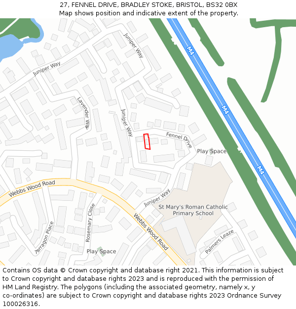 27, FENNEL DRIVE, BRADLEY STOKE, BRISTOL, BS32 0BX: Location map and indicative extent of plot