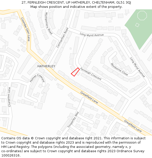 27, FERNLEIGH CRESCENT, UP HATHERLEY, CHELTENHAM, GL51 3QJ: Location map and indicative extent of plot