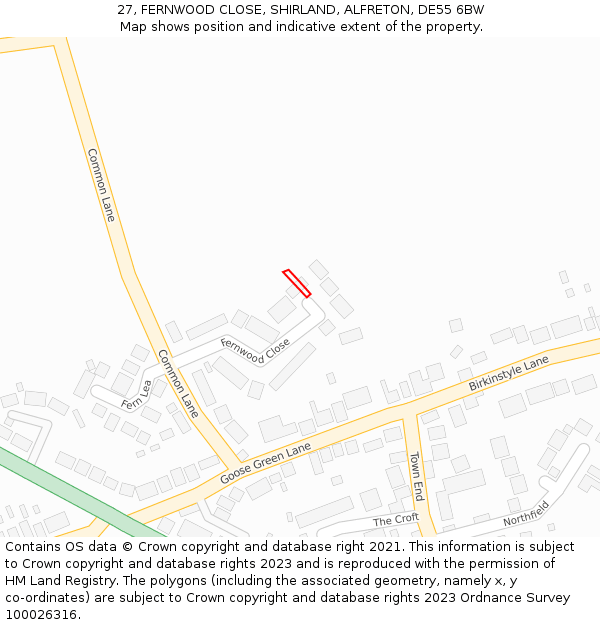 27, FERNWOOD CLOSE, SHIRLAND, ALFRETON, DE55 6BW: Location map and indicative extent of plot