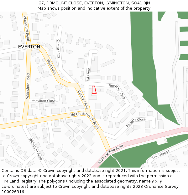 27, FIRMOUNT CLOSE, EVERTON, LYMINGTON, SO41 0JN: Location map and indicative extent of plot