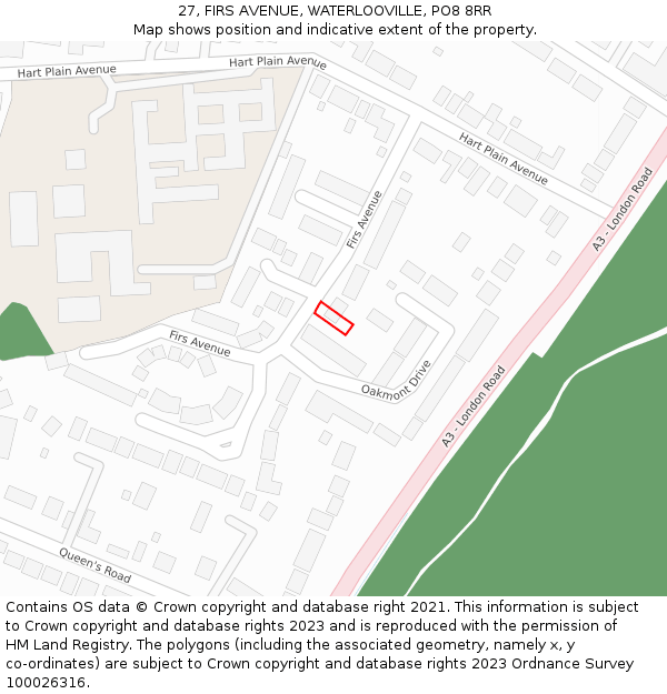 27, FIRS AVENUE, WATERLOOVILLE, PO8 8RR: Location map and indicative extent of plot