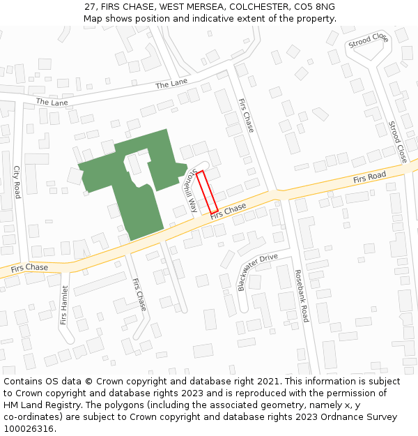 27, FIRS CHASE, WEST MERSEA, COLCHESTER, CO5 8NG: Location map and indicative extent of plot
