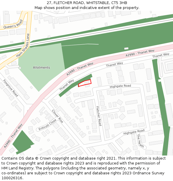 27, FLETCHER ROAD, WHITSTABLE, CT5 3HB: Location map and indicative extent of plot