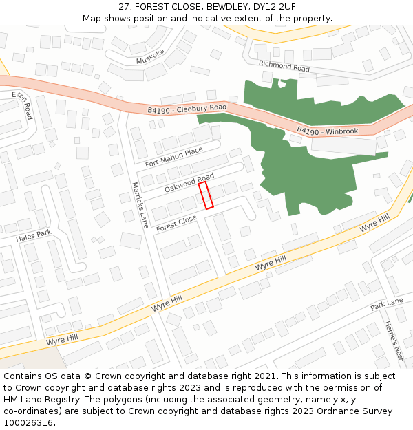 27, FOREST CLOSE, BEWDLEY, DY12 2UF: Location map and indicative extent of plot