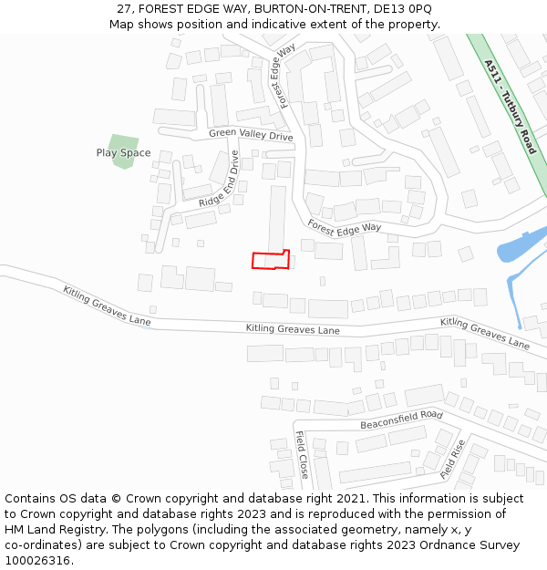 27, FOREST EDGE WAY, BURTON-ON-TRENT, DE13 0PQ: Location map and indicative extent of plot