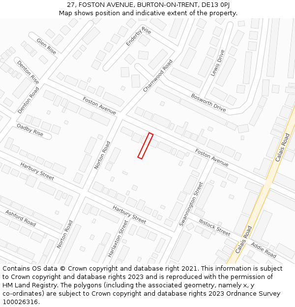 27, FOSTON AVENUE, BURTON-ON-TRENT, DE13 0PJ: Location map and indicative extent of plot