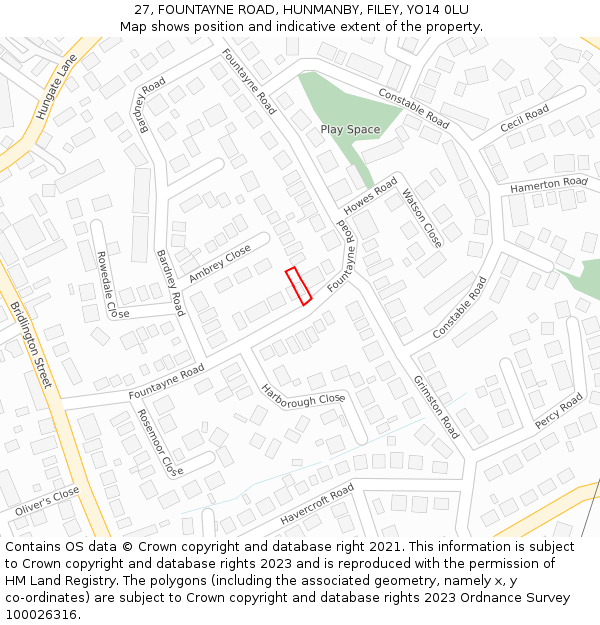 27, FOUNTAYNE ROAD, HUNMANBY, FILEY, YO14 0LU: Location map and indicative extent of plot