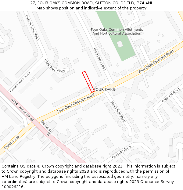 27, FOUR OAKS COMMON ROAD, SUTTON COLDFIELD, B74 4NL: Location map and indicative extent of plot