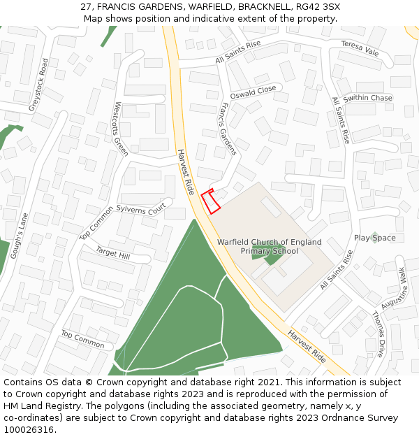 27, FRANCIS GARDENS, WARFIELD, BRACKNELL, RG42 3SX: Location map and indicative extent of plot