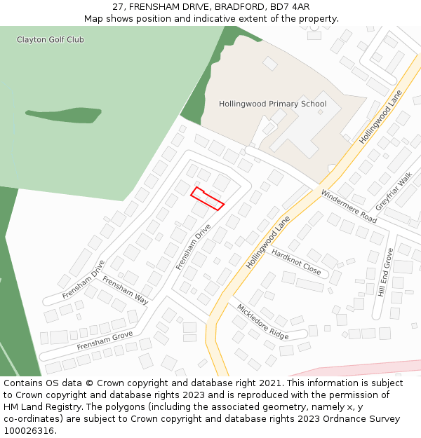 27, FRENSHAM DRIVE, BRADFORD, BD7 4AR: Location map and indicative extent of plot
