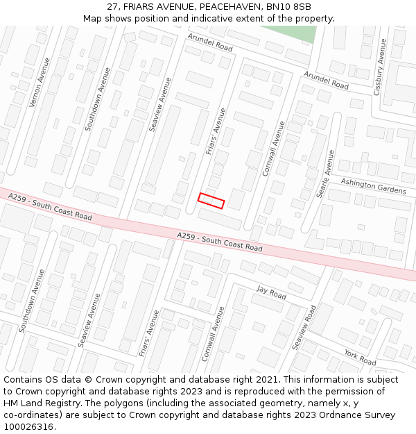 27, FRIARS AVENUE, PEACEHAVEN, BN10 8SB: Location map and indicative extent of plot