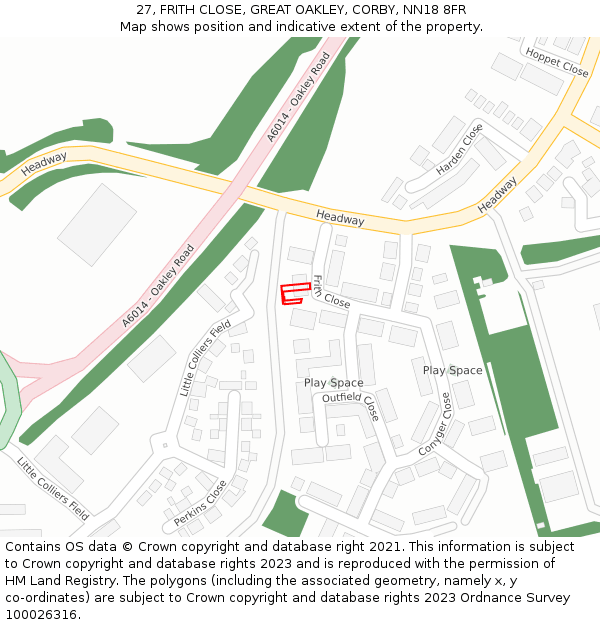 27, FRITH CLOSE, GREAT OAKLEY, CORBY, NN18 8FR: Location map and indicative extent of plot