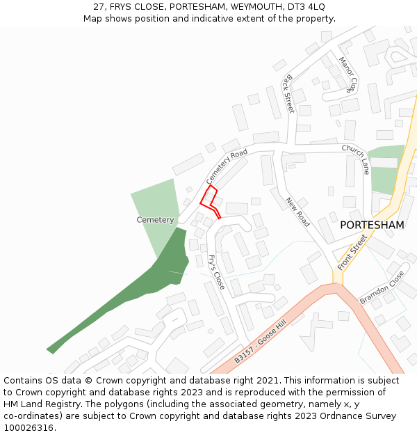 27, FRYS CLOSE, PORTESHAM, WEYMOUTH, DT3 4LQ: Location map and indicative extent of plot