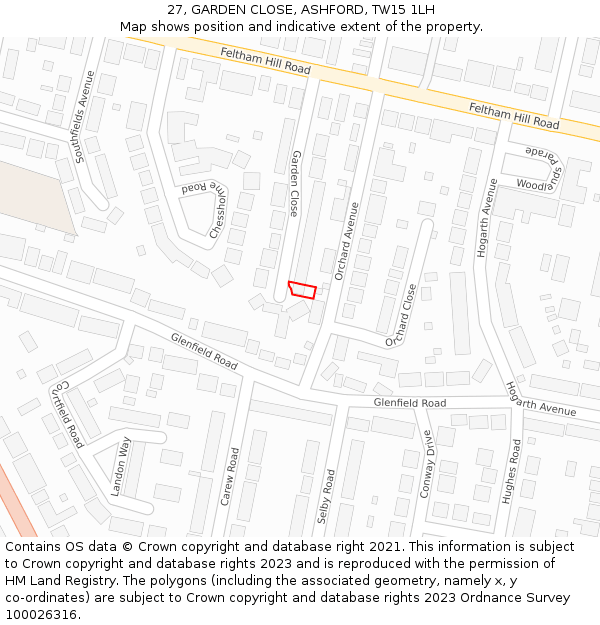 27, GARDEN CLOSE, ASHFORD, TW15 1LH: Location map and indicative extent of plot