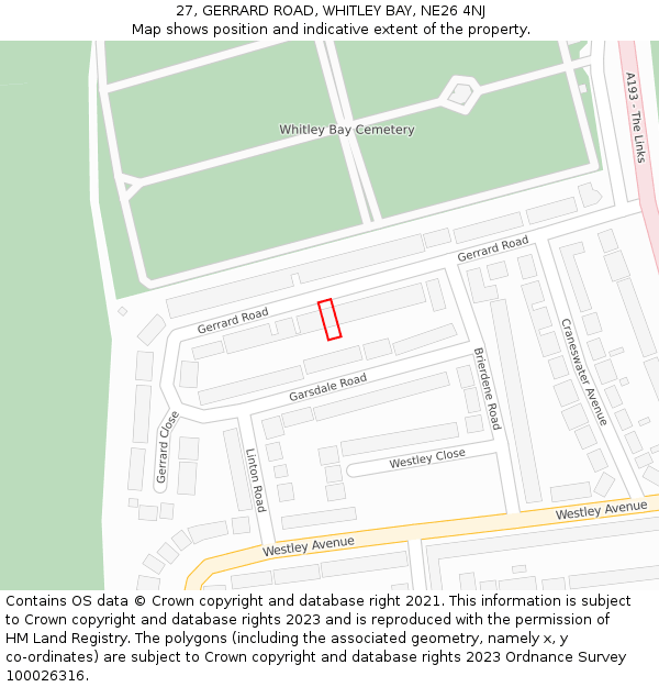 27, GERRARD ROAD, WHITLEY BAY, NE26 4NJ: Location map and indicative extent of plot