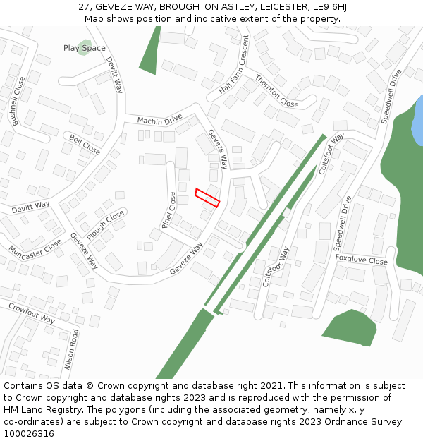 27, GEVEZE WAY, BROUGHTON ASTLEY, LEICESTER, LE9 6HJ: Location map and indicative extent of plot