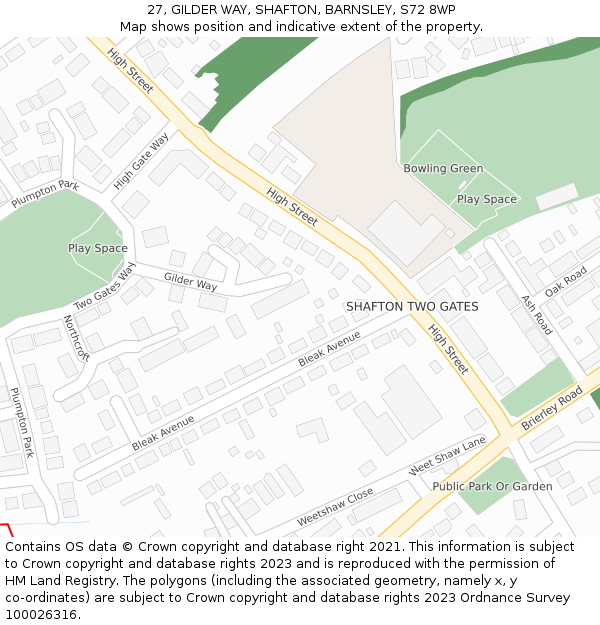 27, GILDER WAY, SHAFTON, BARNSLEY, S72 8WP: Location map and indicative extent of plot