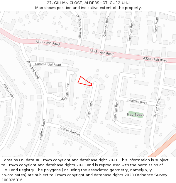 27, GILLIAN CLOSE, ALDERSHOT, GU12 4HU: Location map and indicative extent of plot