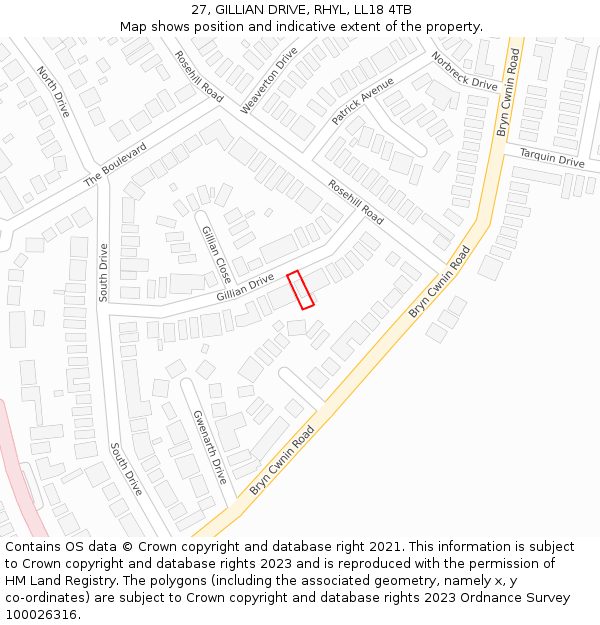 27, GILLIAN DRIVE, RHYL, LL18 4TB: Location map and indicative extent of plot
