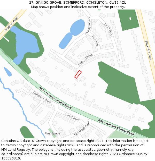 27, GINKGO GROVE, SOMERFORD, CONGLETON, CW12 4ZL: Location map and indicative extent of plot