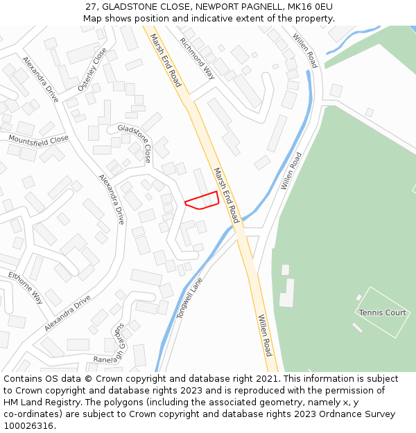 27, GLADSTONE CLOSE, NEWPORT PAGNELL, MK16 0EU: Location map and indicative extent of plot