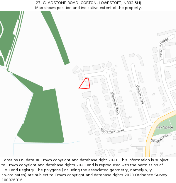 27, GLADSTONE ROAD, CORTON, LOWESTOFT, NR32 5HJ: Location map and indicative extent of plot