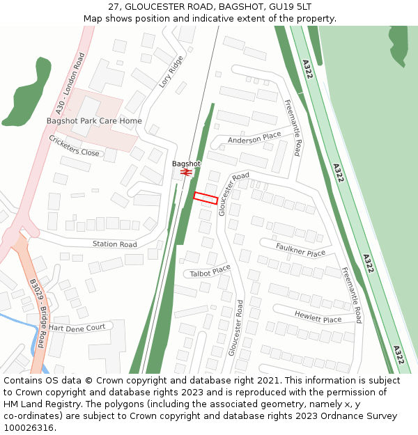 27, GLOUCESTER ROAD, BAGSHOT, GU19 5LT: Location map and indicative extent of plot